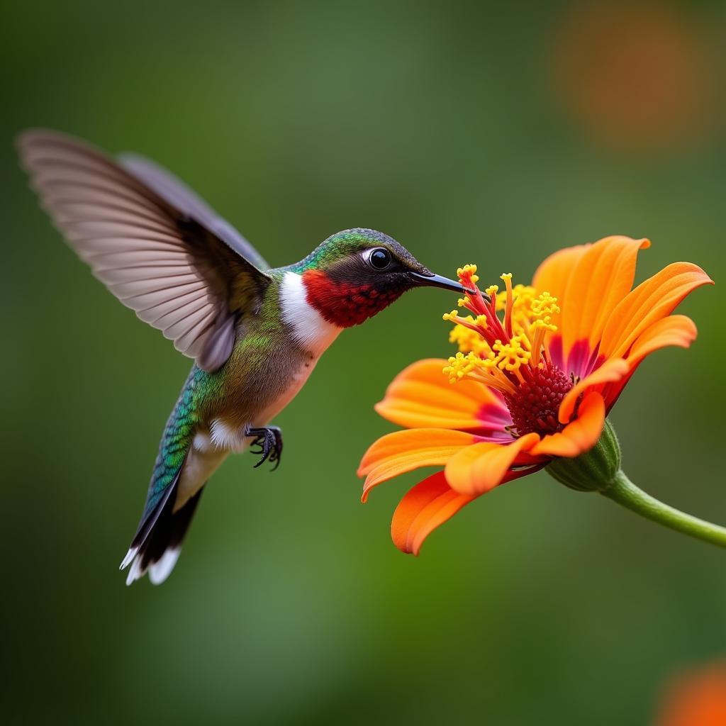 Hummingbird sipping nectar from a vibrant flower