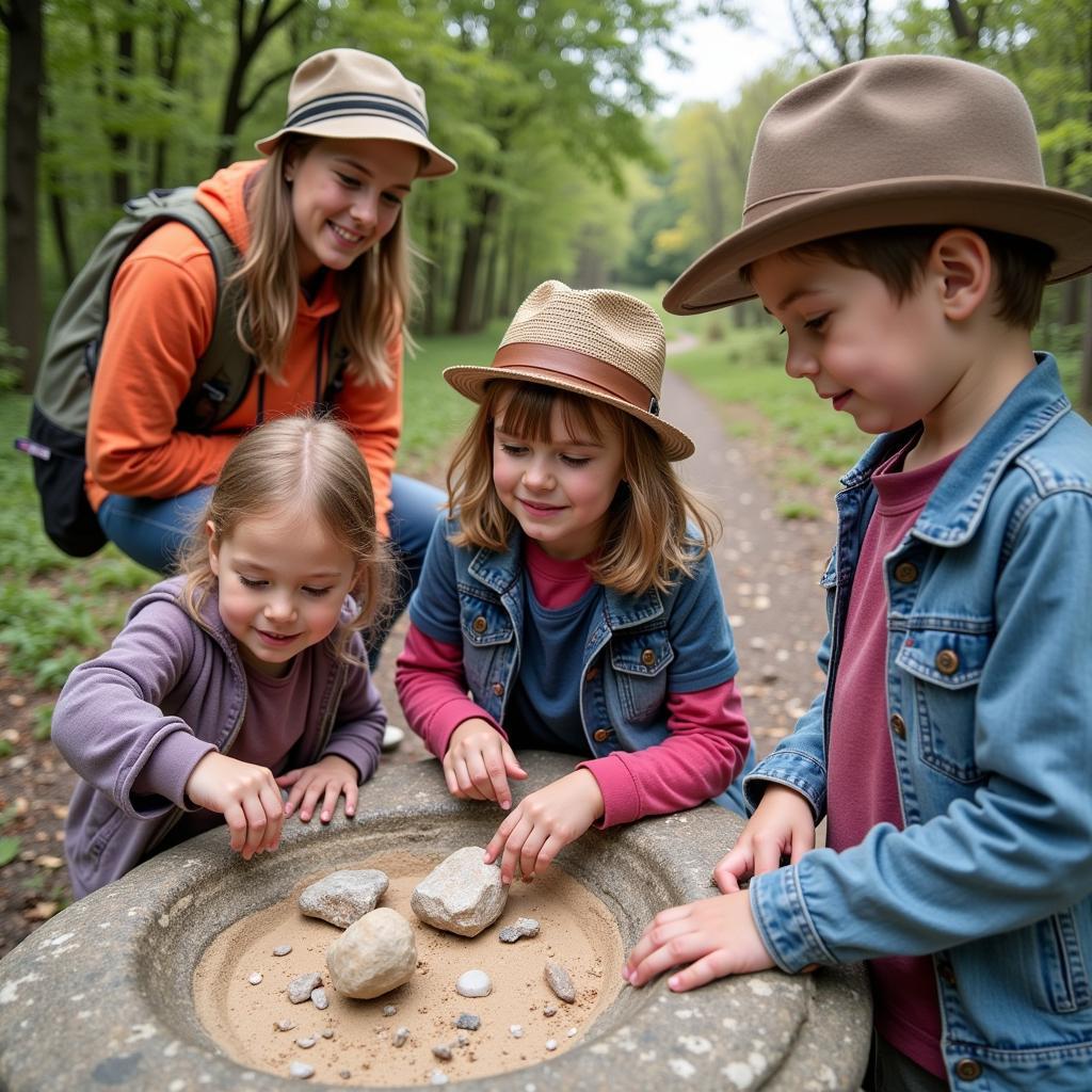 Young enthusiasts exploring rock formations during a field trip organized by the HGMS