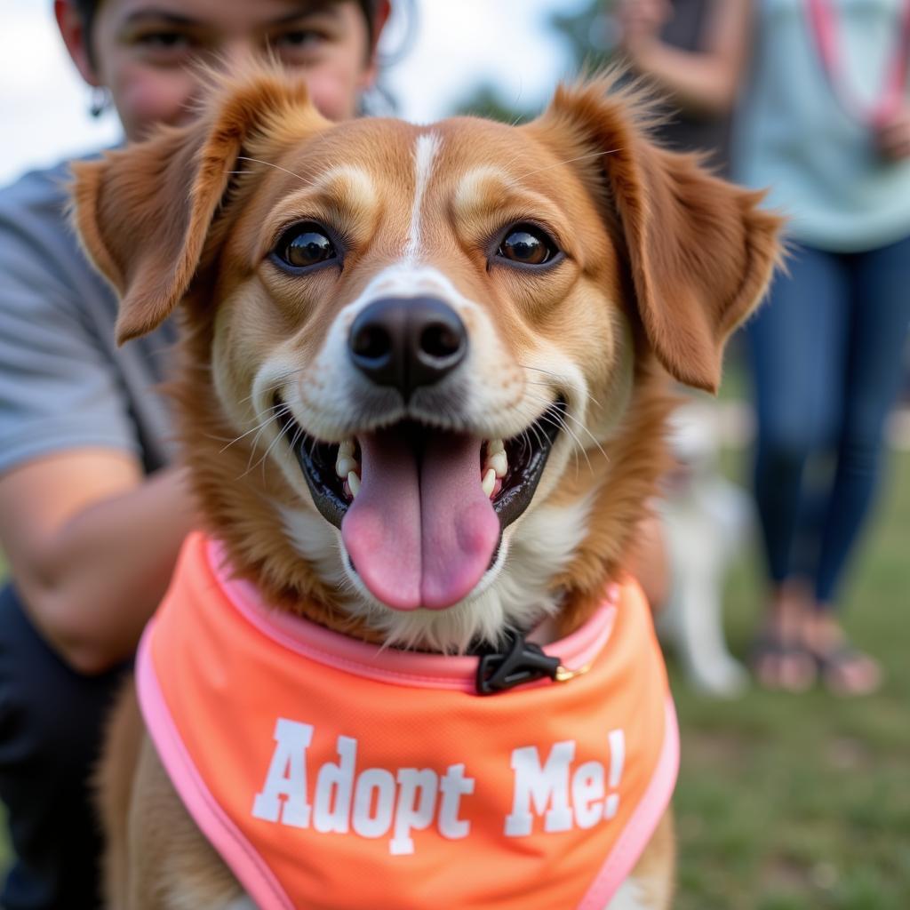 A smiling dog with a bright "Adopt Me" vest at the Huron Valley Humane Society