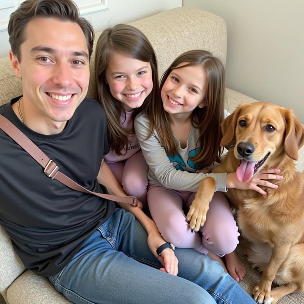 A family smiles brightly while their adopted dog playfully runs towards the camera in a park.