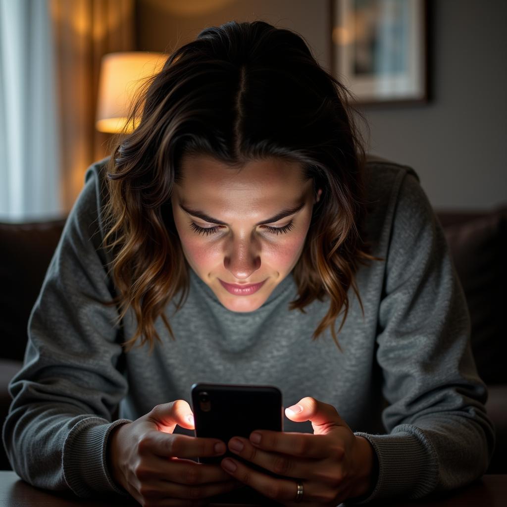 A person looking stressed while scrolling through social media on their phone