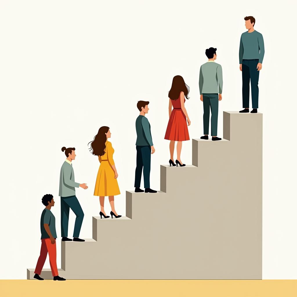 People from different walks of life standing on a staircase, representing the various levels of opportunity and access available in society.