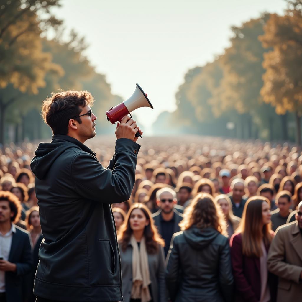 person holding a megaphone addressing a crowd