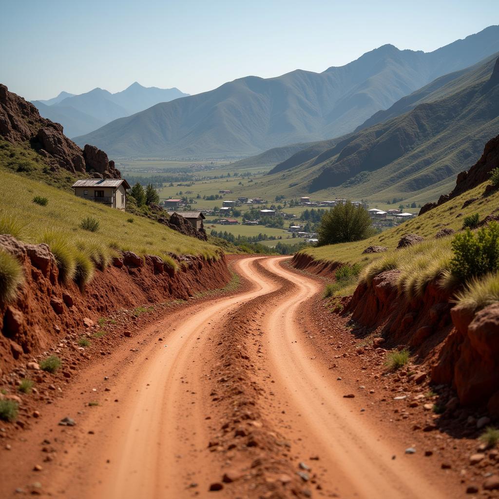 A winding dirt road leading to a remote inland community