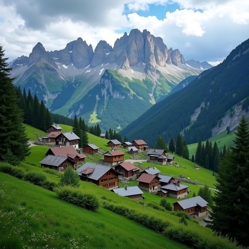 Remote mountain village nestled amidst towering peaks