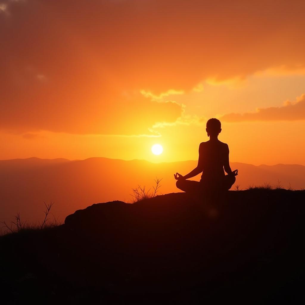 Silhouette of a person meditating against a sunrise backdrop