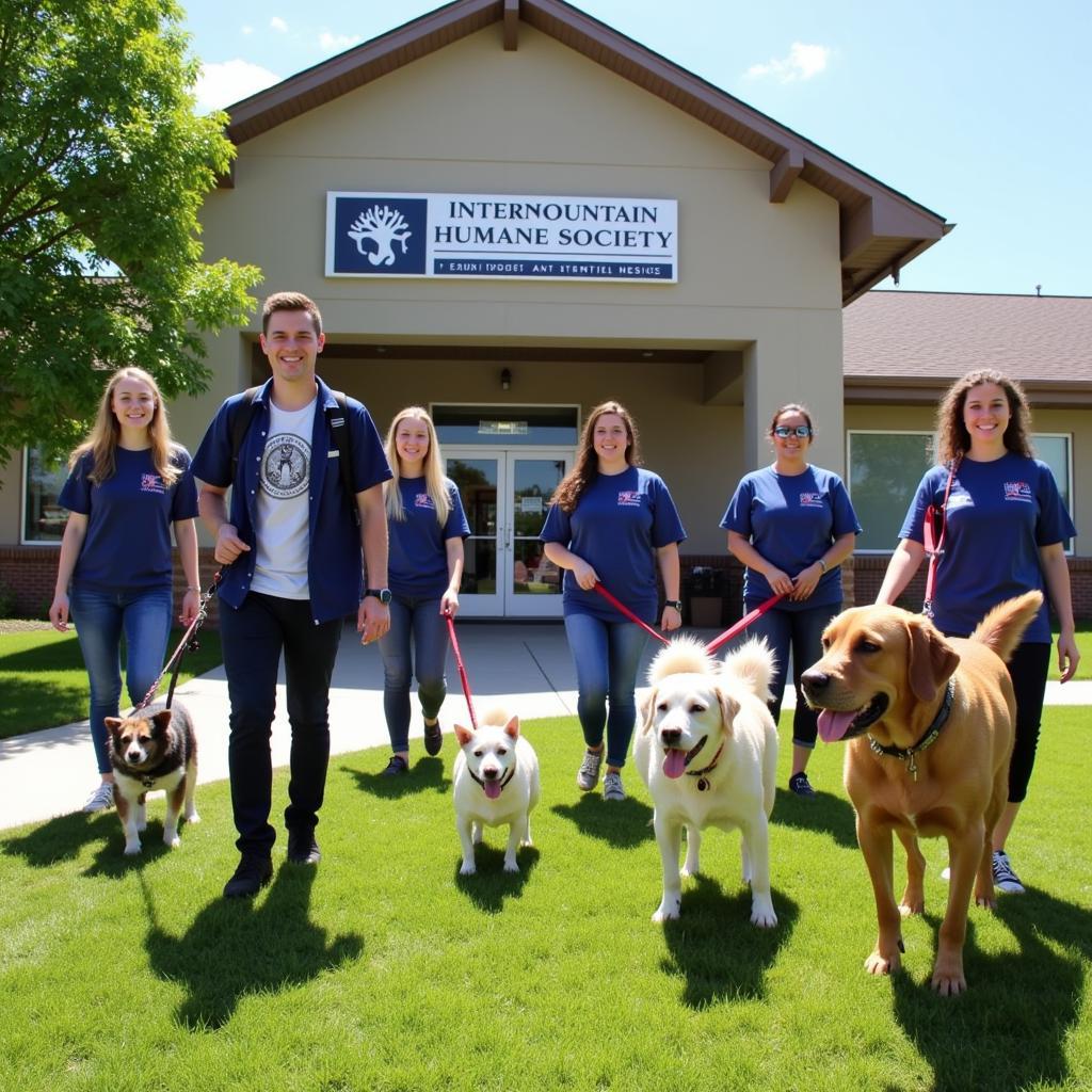 Volunteers walking dogs at the Intermountain Humane Society