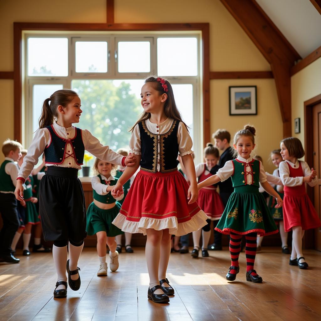 Children learning Irish dance in a brightly lit hall