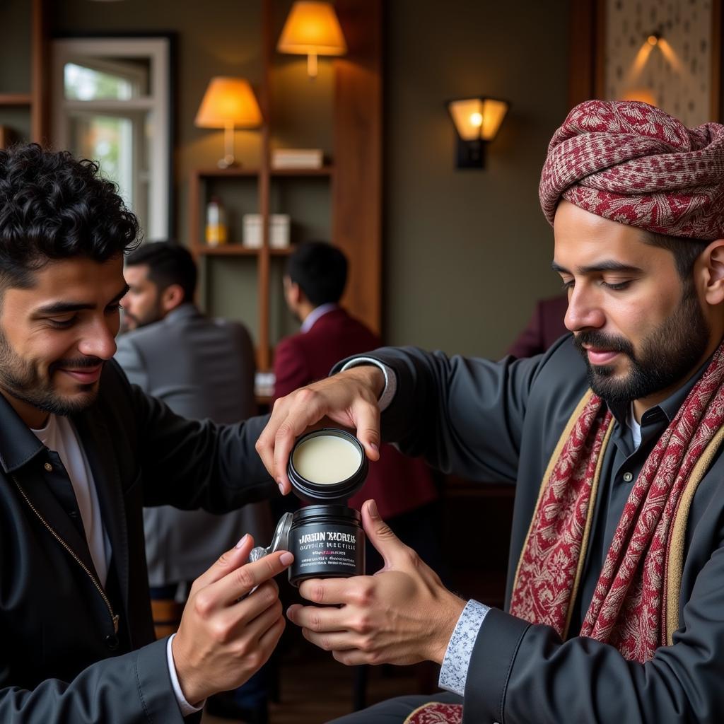 People from different cultures teaching each other traditional grooming techniques using Iron Society Pomade