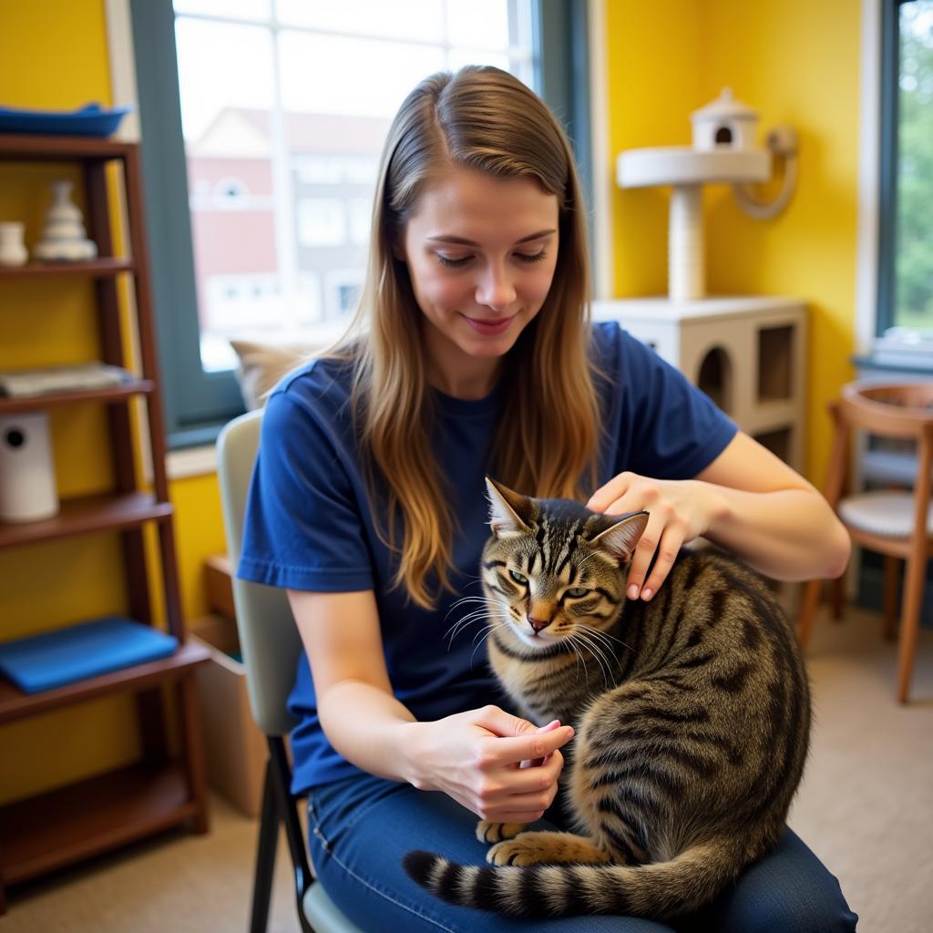 Volunteer cuddling a cat at the Isabella County Humane Society