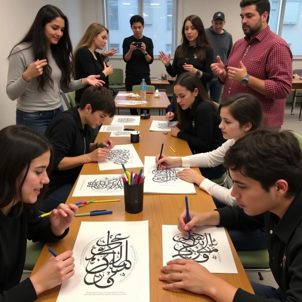 Participants engaging in a calligraphy workshop