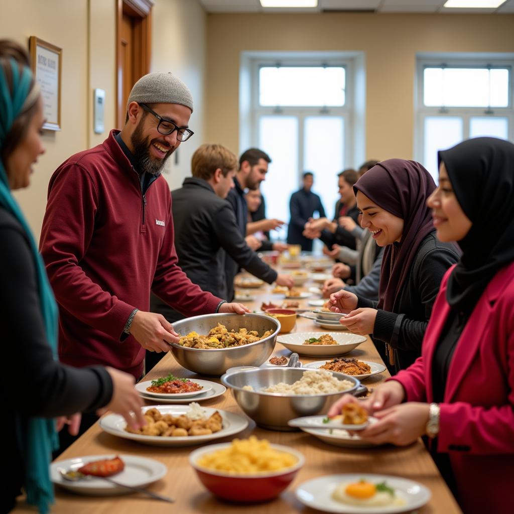 Volunteers serve food at an Islamic Society of San Francisco Community Dinner