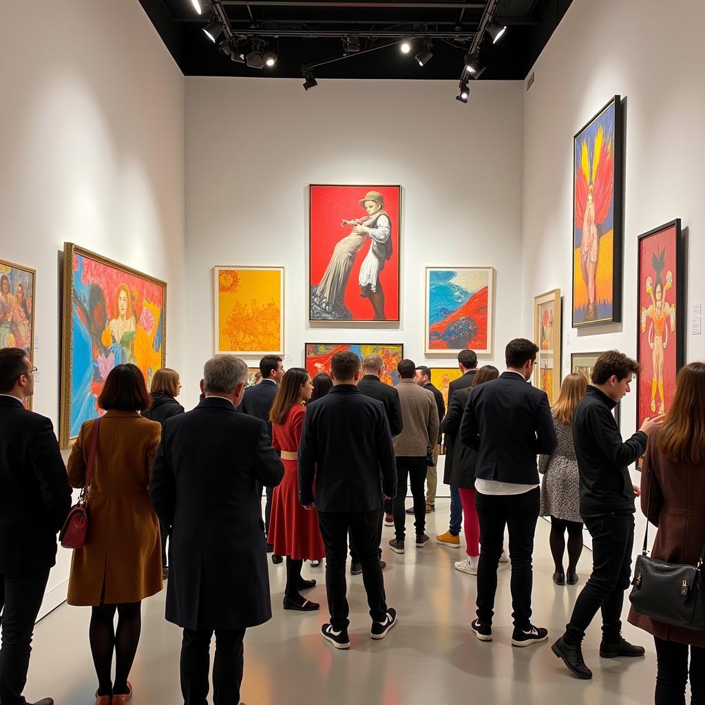 Guests admiring artwork in a contemporary Istanbul art gallery