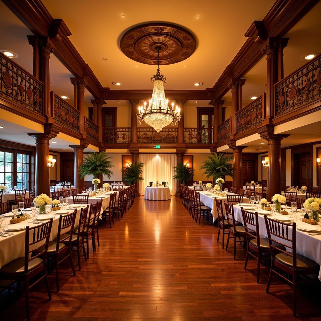 Elegant wedding reception at an Italian American Banquet Center, featuring a grand ballroom with ornate chandeliers and tables adorned with fine linens and floral arrangements.