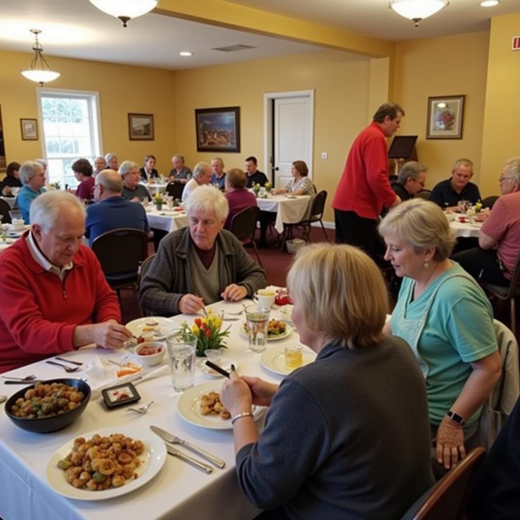  A diverse group of people engaging in conversation and laughter during a community dinner event at an Italian American Cultural Center. 