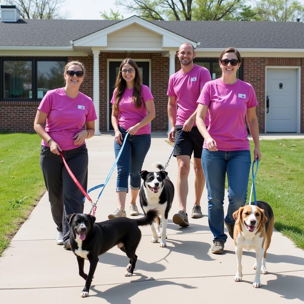 Volunteers walking dogs at Jackson County Humane Society 