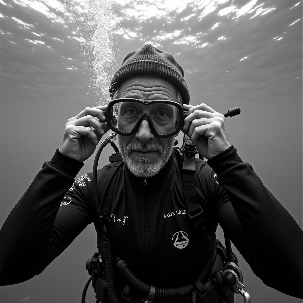 Jacques-Yves Cousteau diving in his iconic red cap