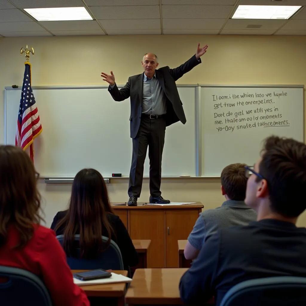 John Keating standing on a desk, encouraging students to view the world differently