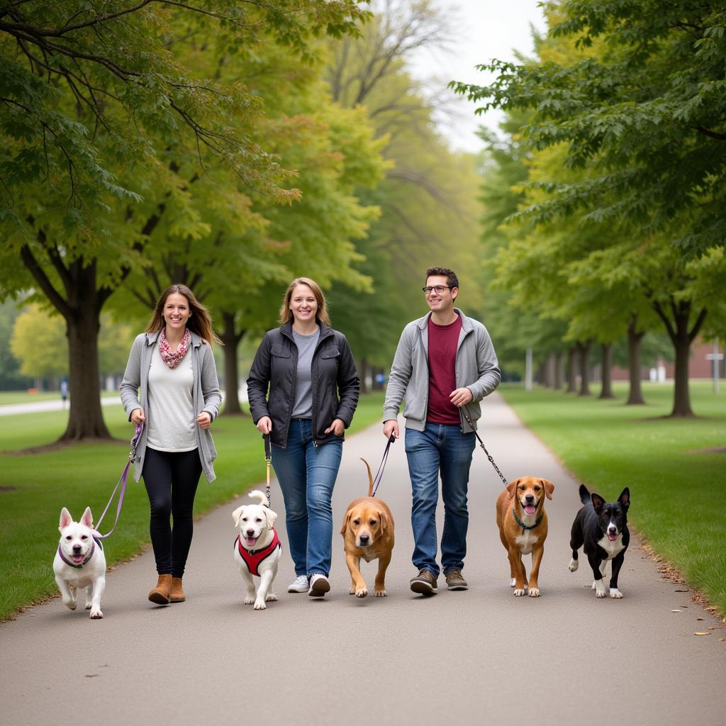 Volunteers walking dogs at Johnson County Humane Society