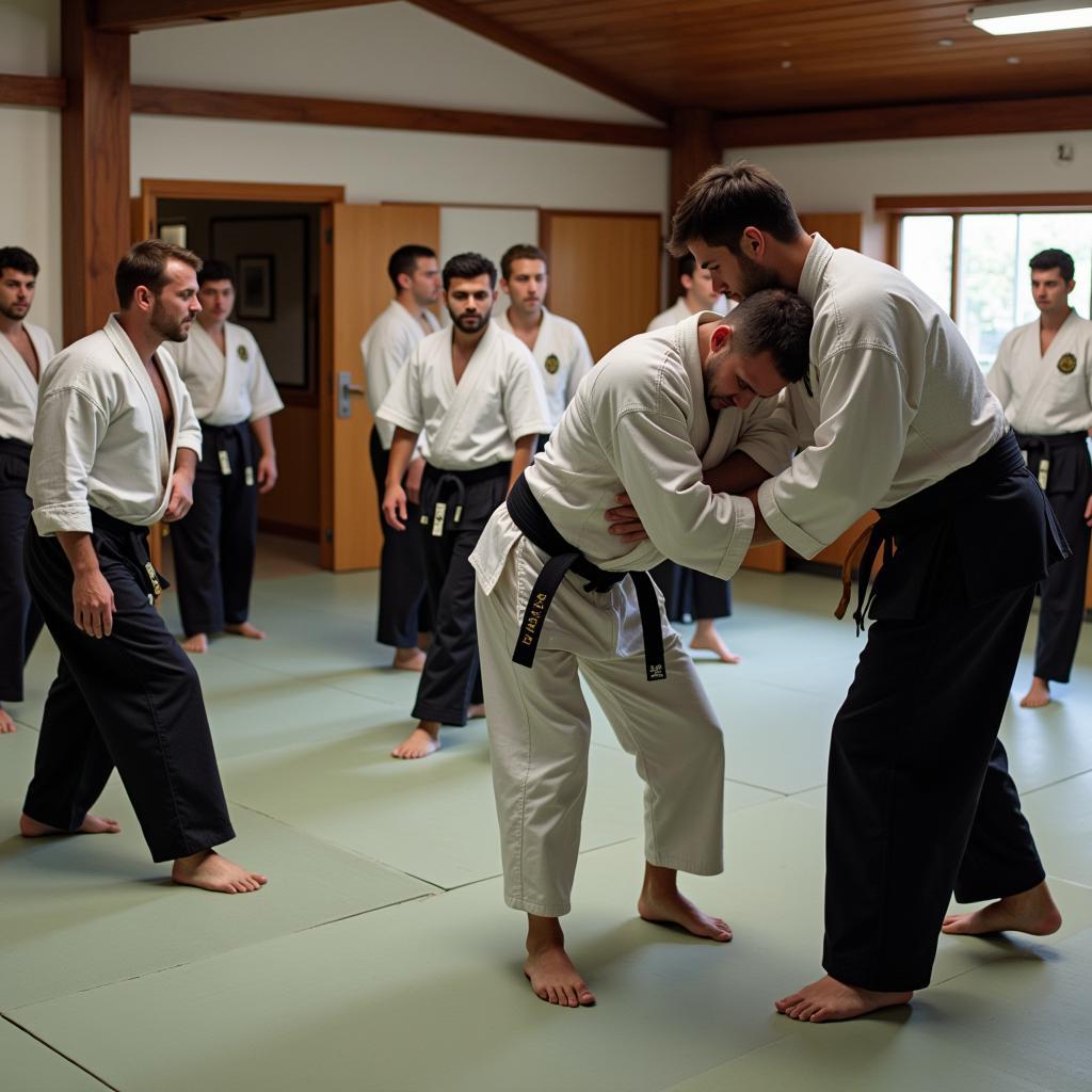 Students practicing jujutsu techniques