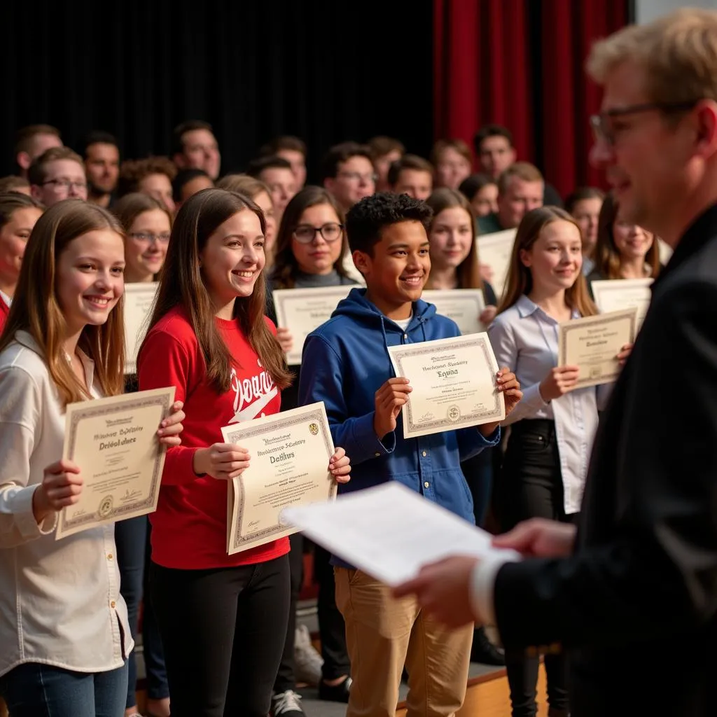 Students receiving certificates at a Junior High Honor Society induction ceremony