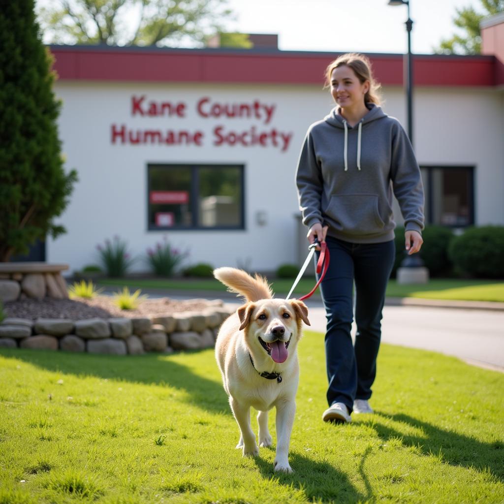 Volunteer walking a dog at the Kane County Humane Society 