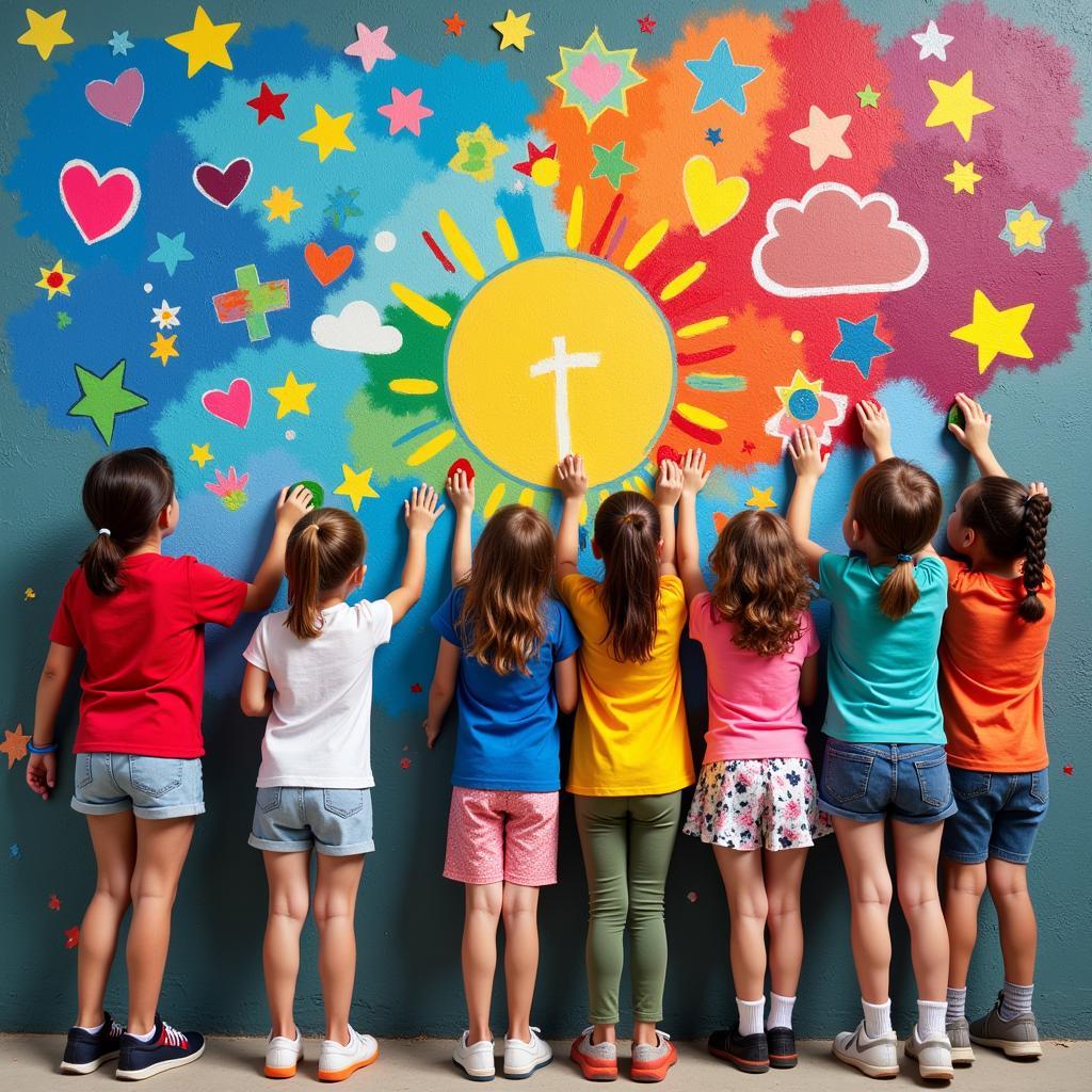 Children from different backgrounds painting a peace mural together