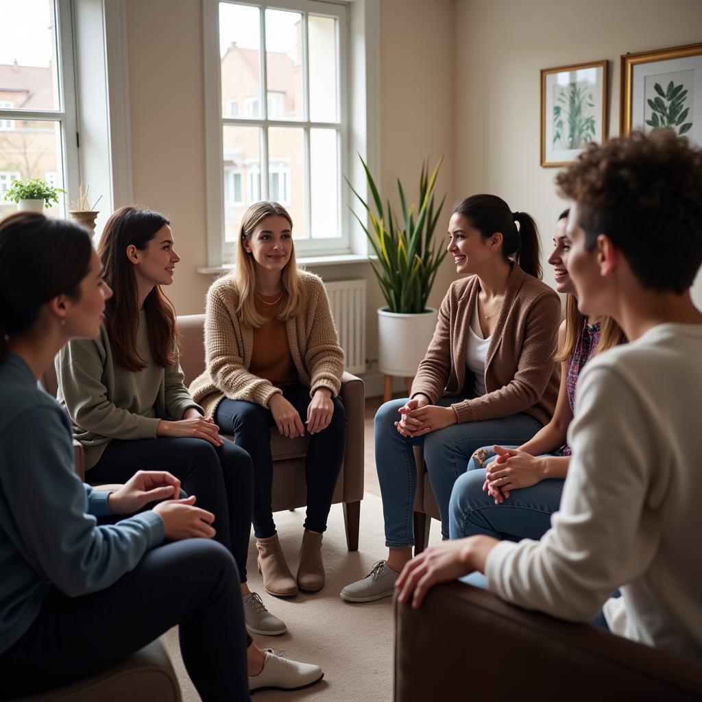 Diverse group of individuals sitting in a circle, sharing stories and offering support to each other.