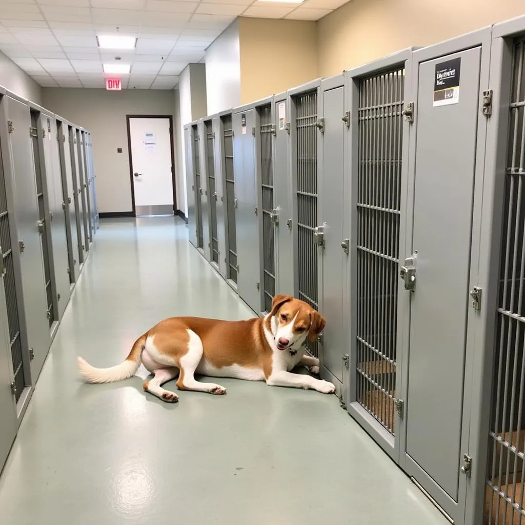 Dog peacefully resting in a kennel at the Kentucky Humane Society East Campus