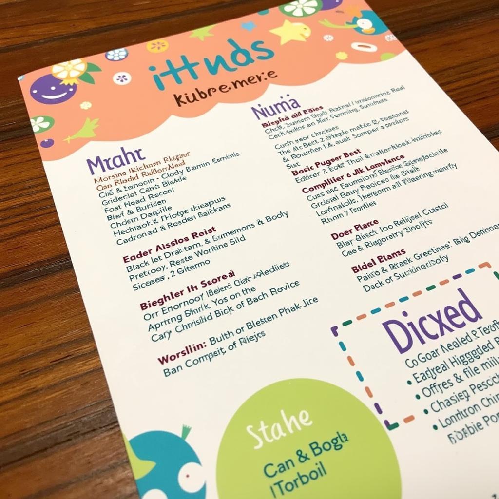 Colorful kids menu at Dish Society