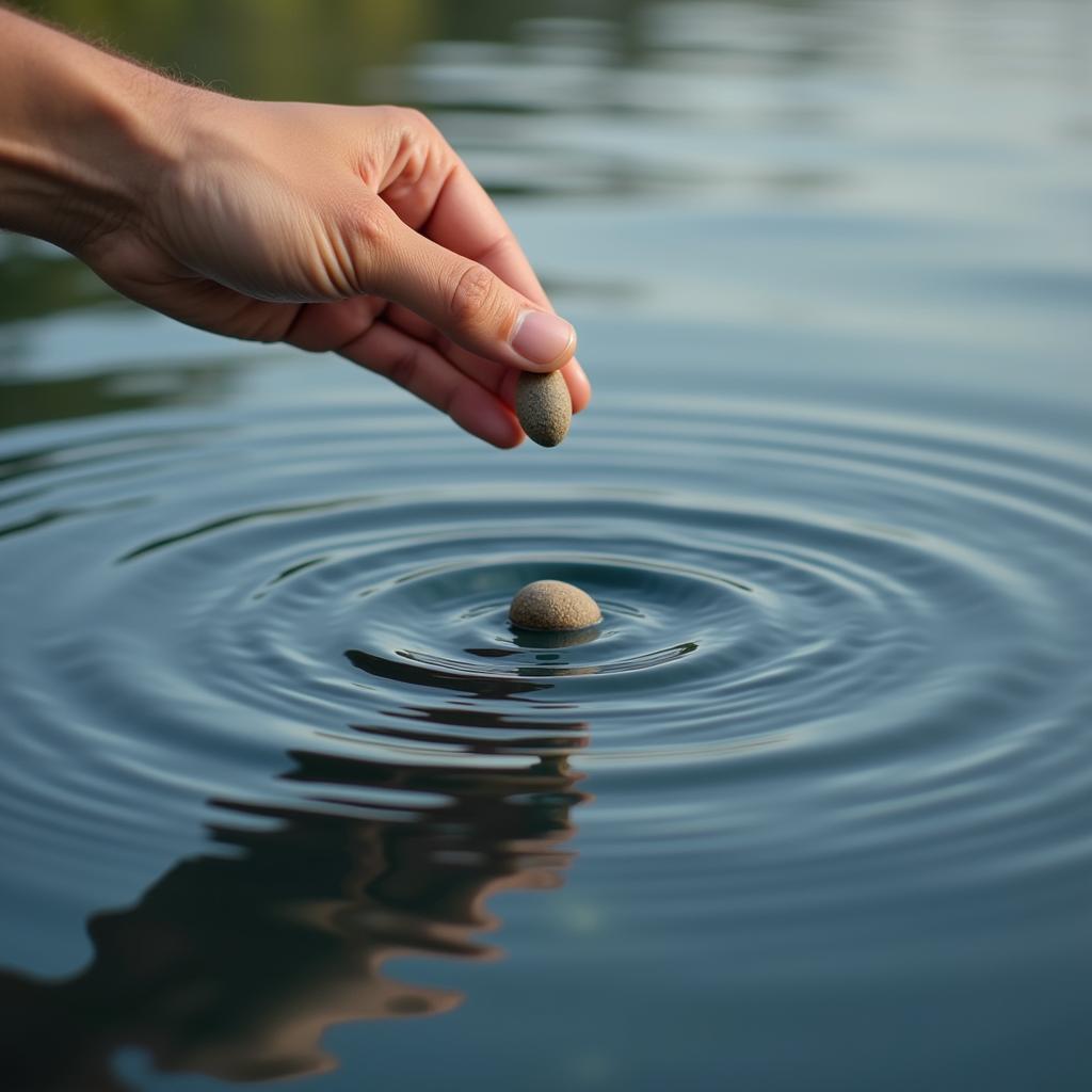 A single hand dropping a pebble into water, creating outward ripples