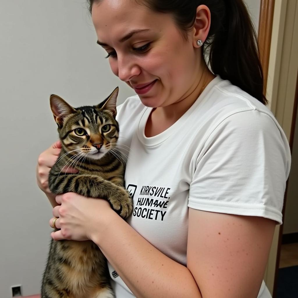 Volunteer cuddling a content cat at Kirksville animal shelter