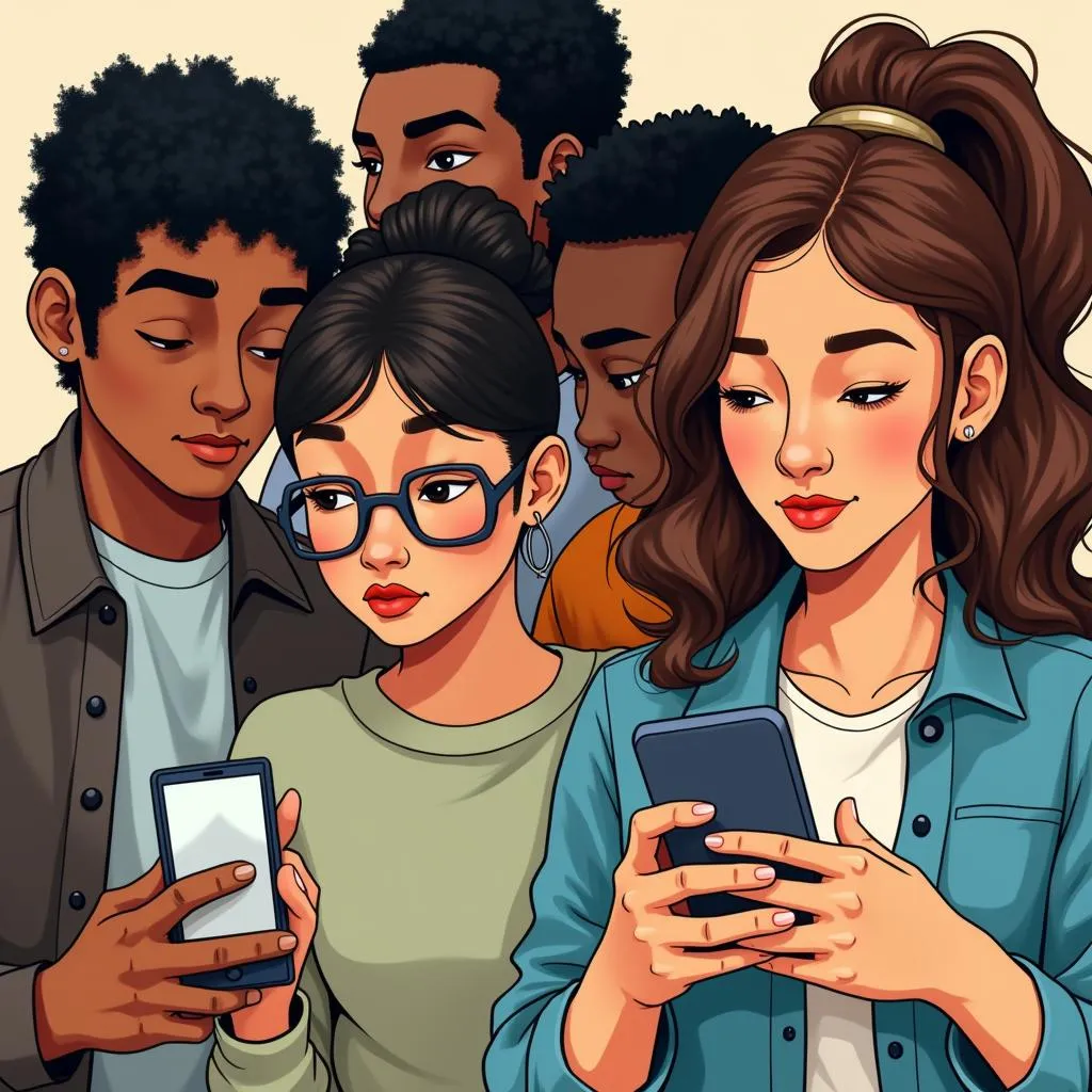 People looking at social media on their phones with expressions of indifference and disconnection