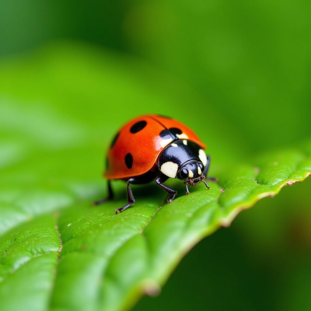 Ladybird resting on a green leaf