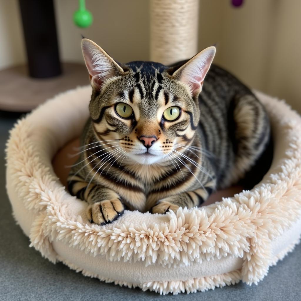 Content cat relaxing in shelter cattery 