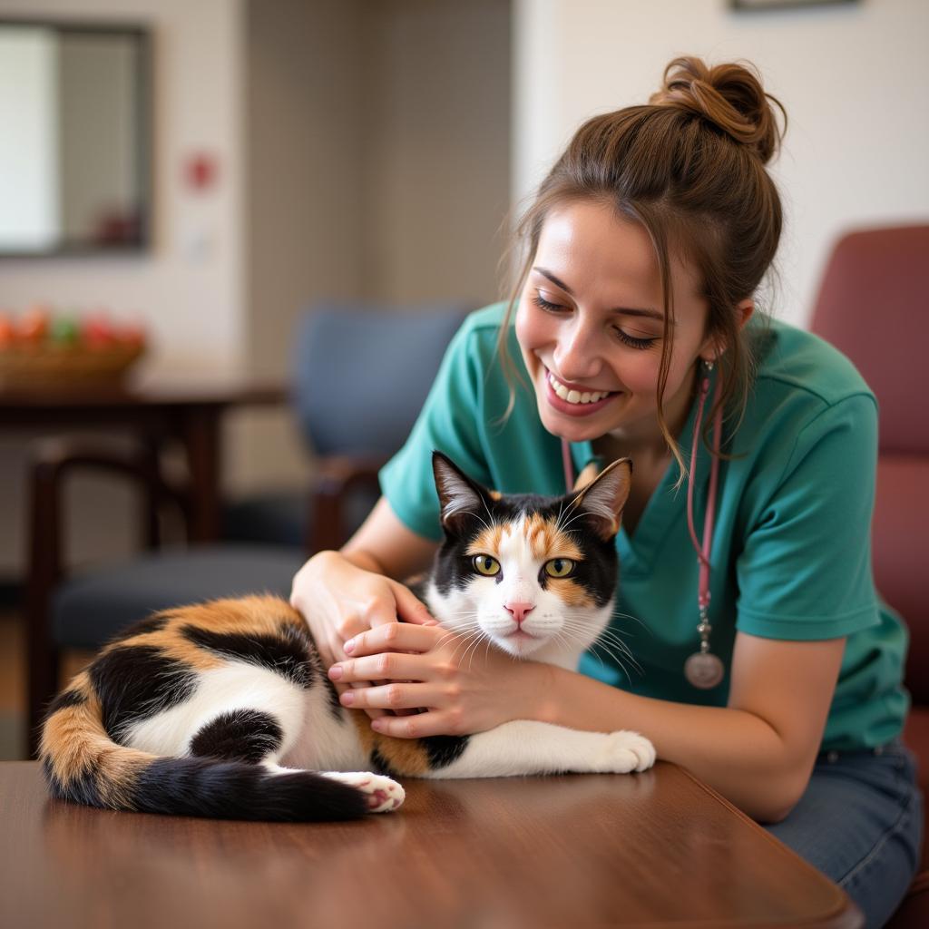 Volunteer comforting a cat at the Lagrange Troup County Humane Society