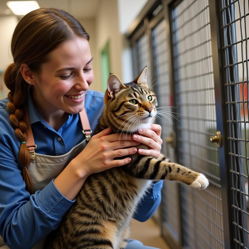 Volunteer playing with cat at Lake City Humane Society