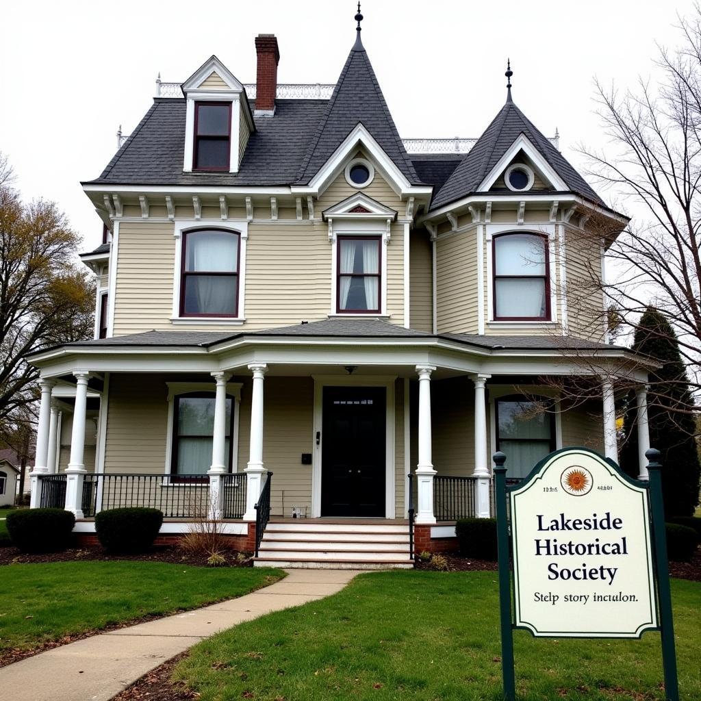 A grand Victorian-era building with a sign that reads "Lakeside Historical Society"