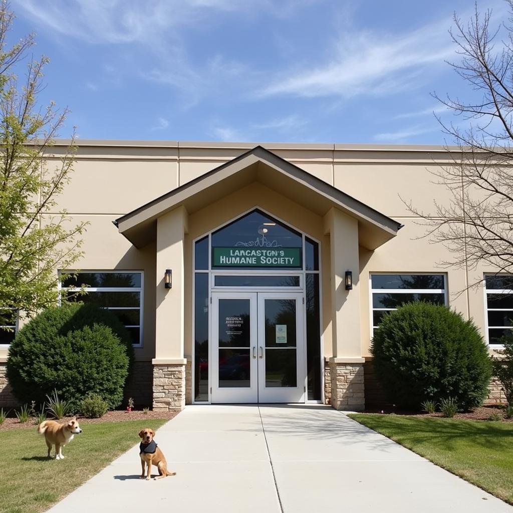 Modern, welcoming building of the Lancaster County Humane Society, with a bright sign and friendly atmosphere, inviting visitors and potential adopters.