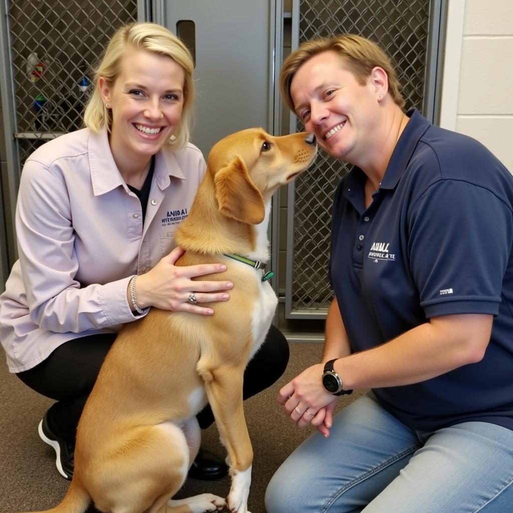 A group of smiling volunteers at the Lancaster County Humane Society, interacting with dogs and cats in a clean and bright environment, radiating warmth and care.