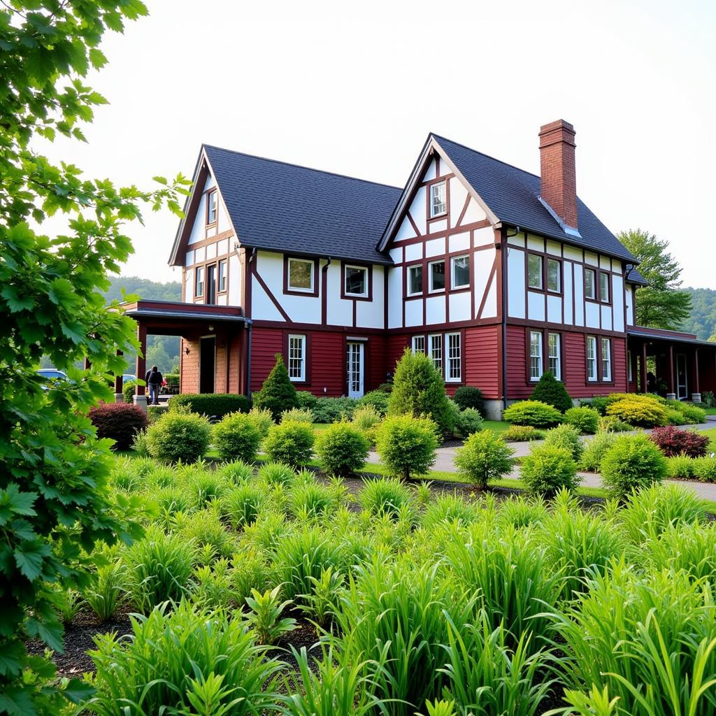 The exterior of the Lancaster County Mennonite Historical Society building, with its traditional Pennsylvania Dutch architecture, nestled amidst a serene landscape.