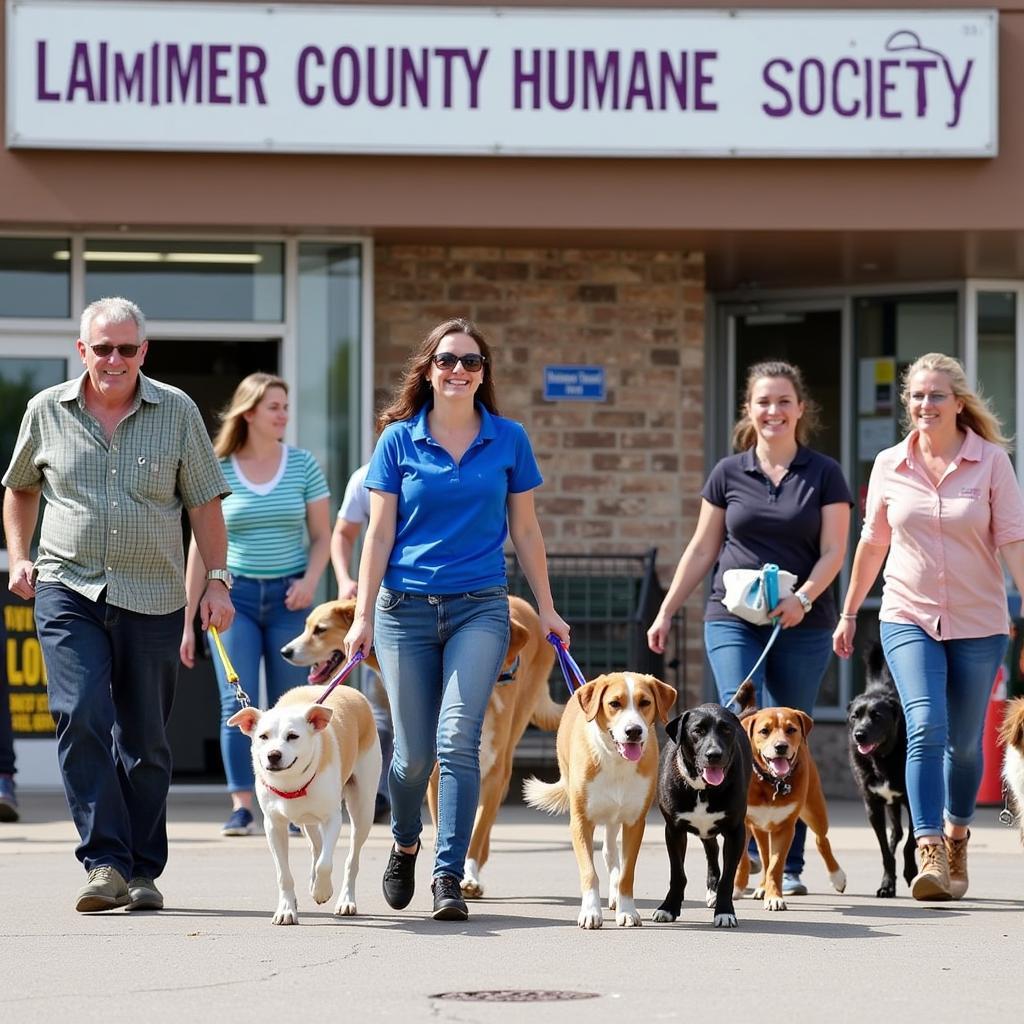 Volunteers walk dogs at Larimer Humane Society