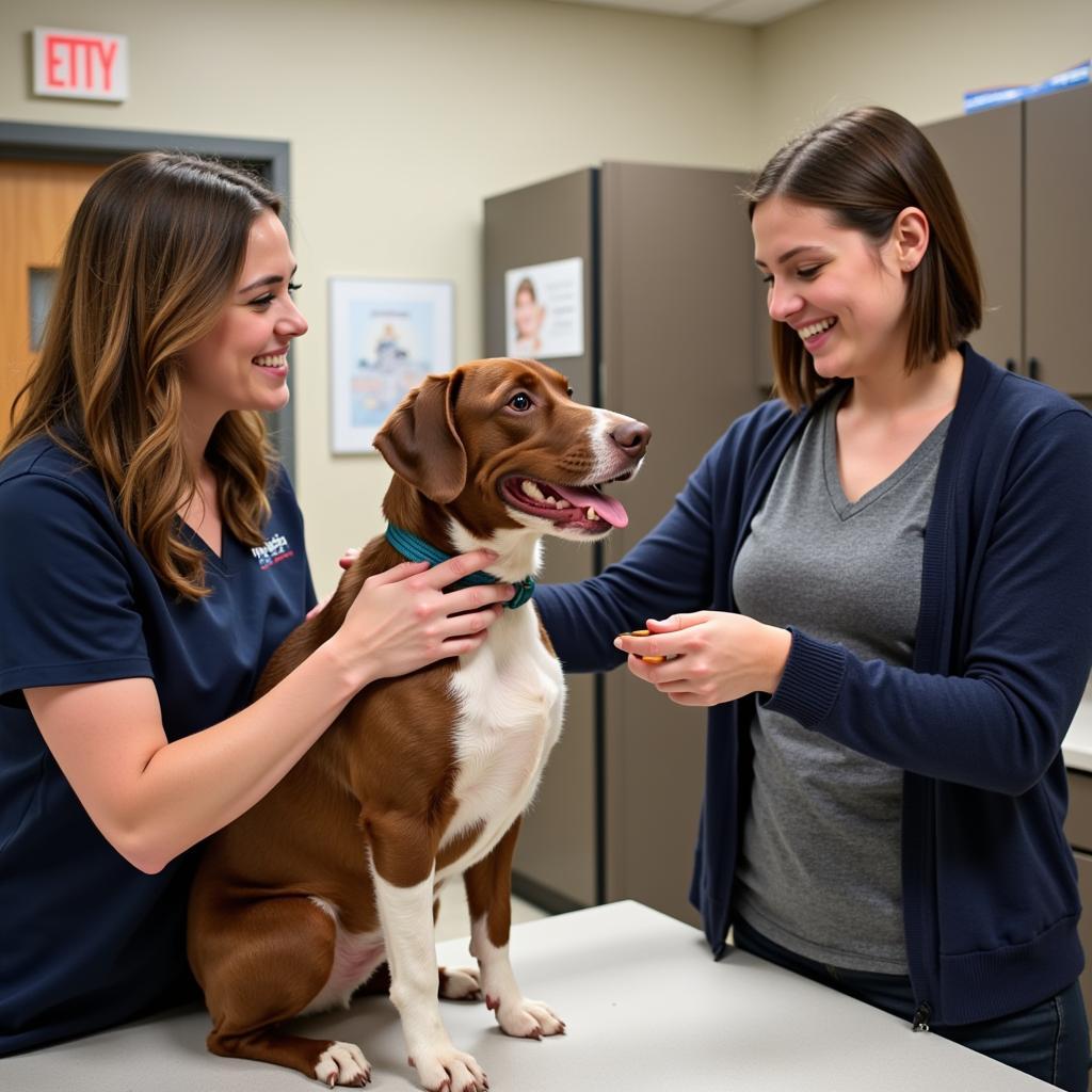 A smiling adoption counselor helping a family choose a pet.