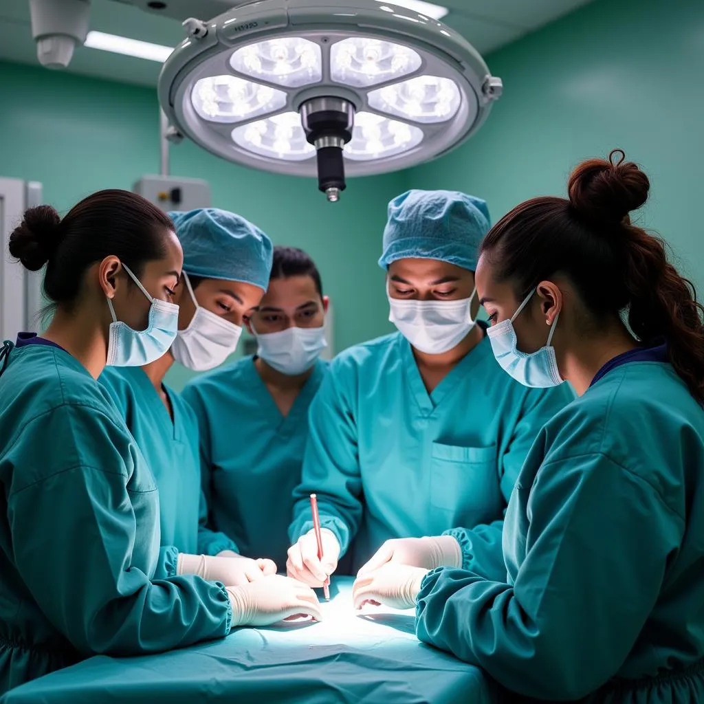 Latino surgeons collaborating during a complex surgical procedure