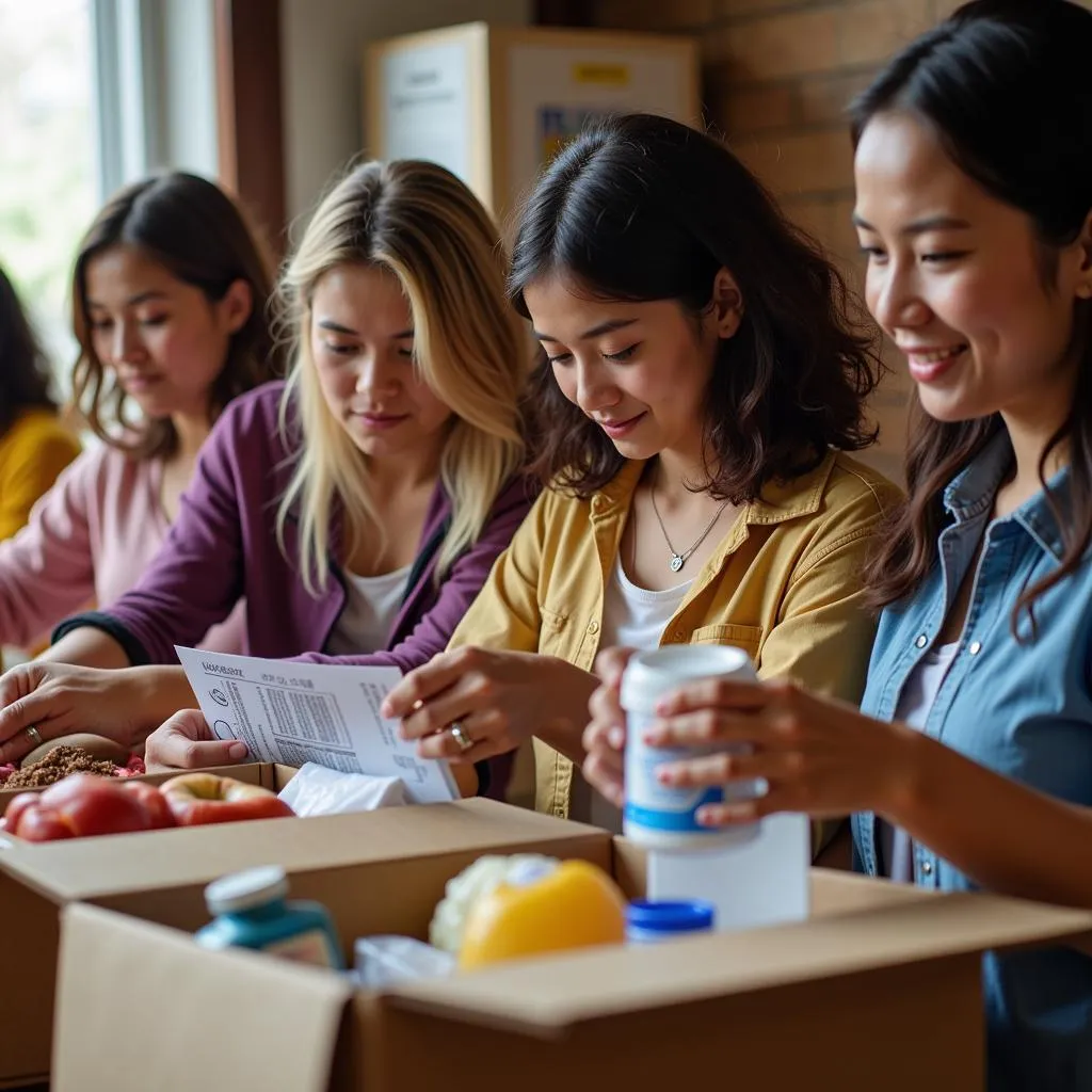 LDS Relief Society volunteers packing emergency supplies