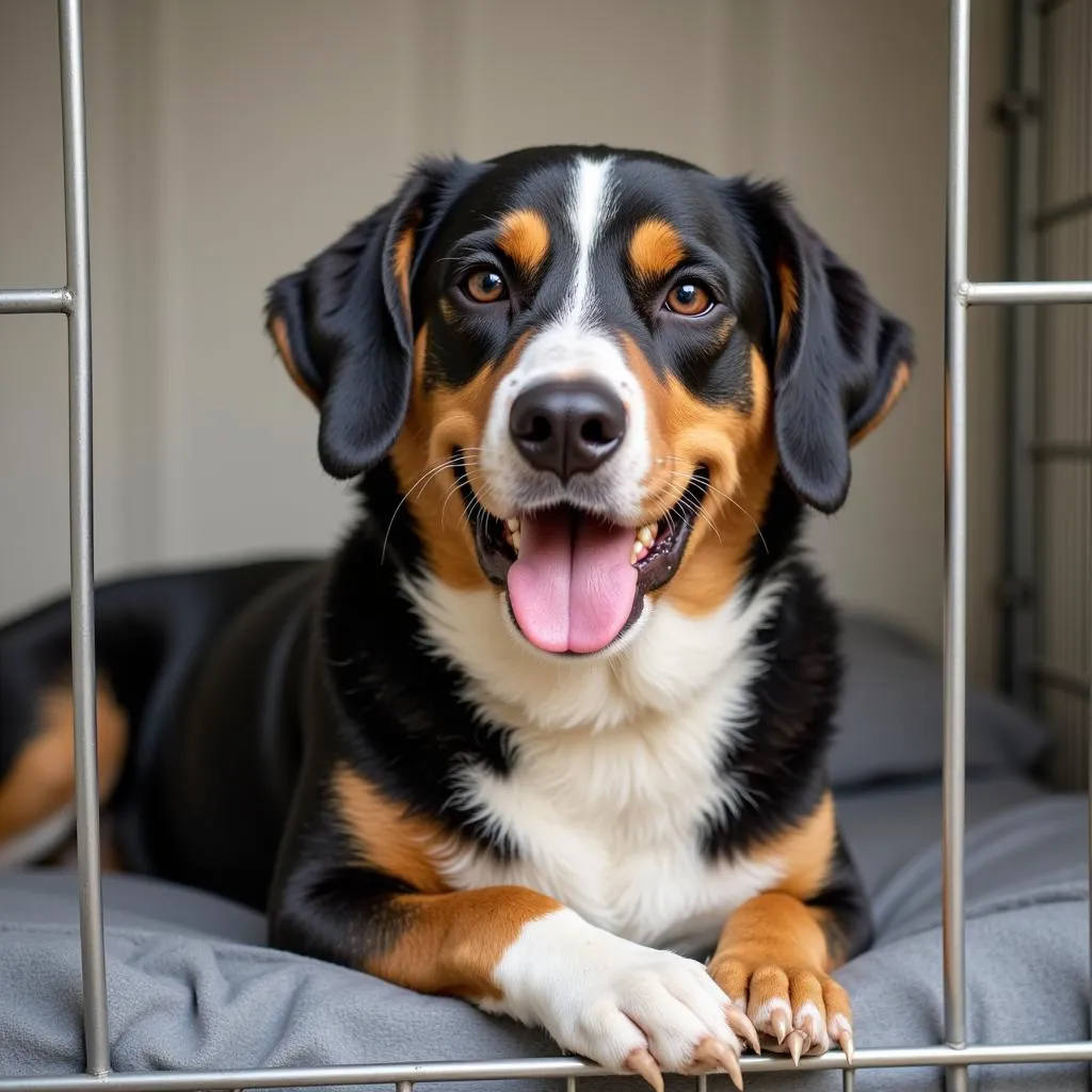 Dog peacefully resting in a clean, bright kennel at the Lebanon Indiana Humane Society