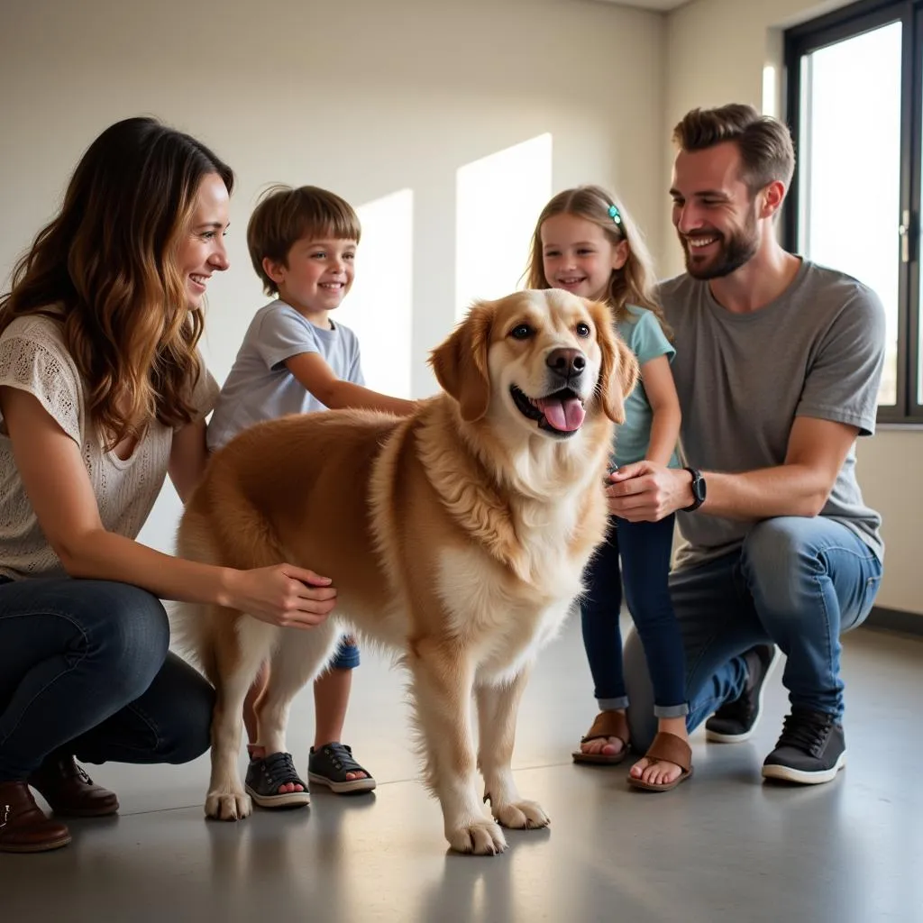 Family meeting a playful dog in a dedicated interaction room at the shelter