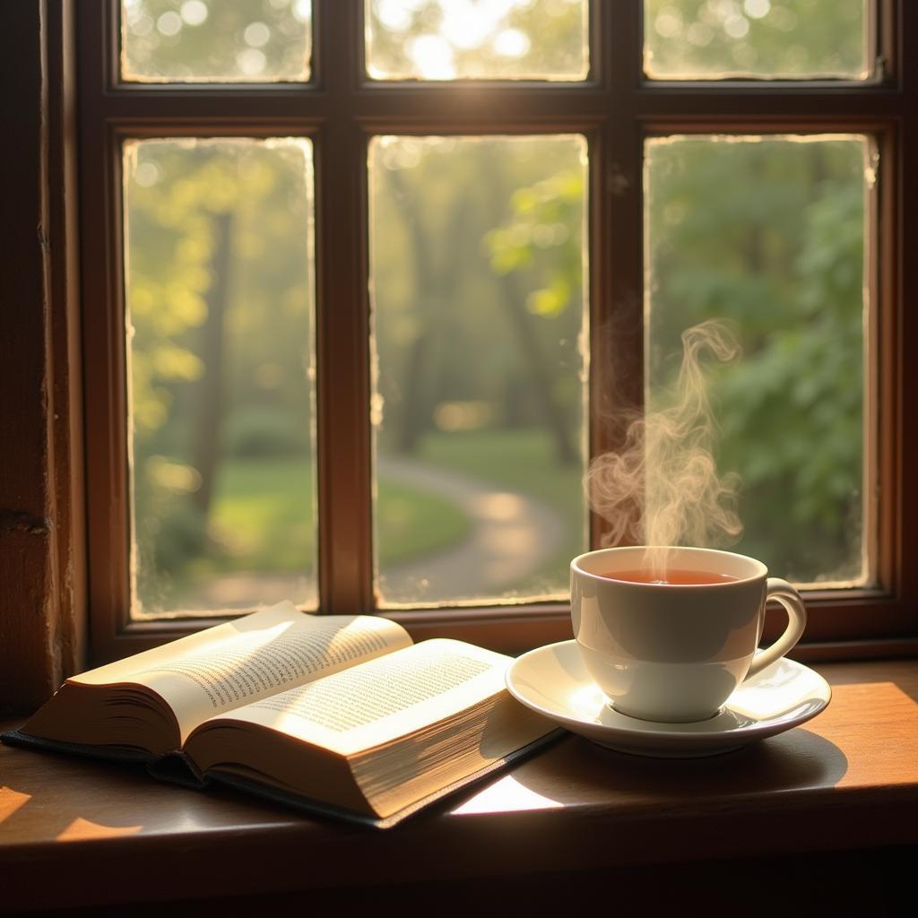 An open book resting on a sunny windowsill with a cup of tea beside it