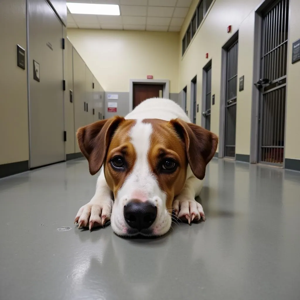 Dog resting comfortably in its kennel at the Lenoir Humane Society