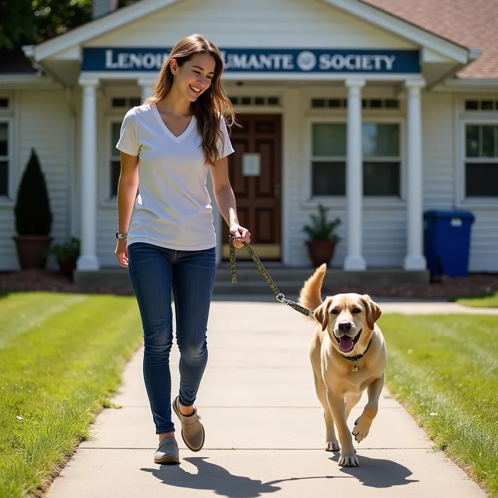 Volunteer walking a dog outside the Lenoir Humane Society